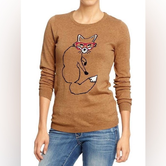 Old Navy Fox Tan Sweater Preppy Studious Foxy Crewneck Tan Camel - Picture 9 of 9